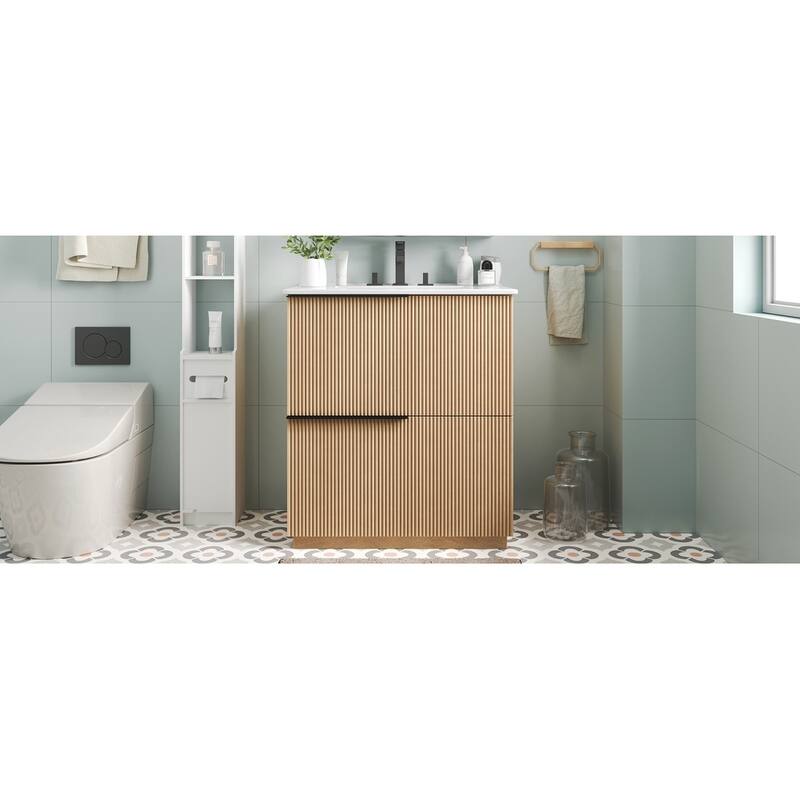 Roomfitters 30" Bathroom Vanity with Ceramic Sink, Full-Extension Soft-Close storage units and Fluted Design