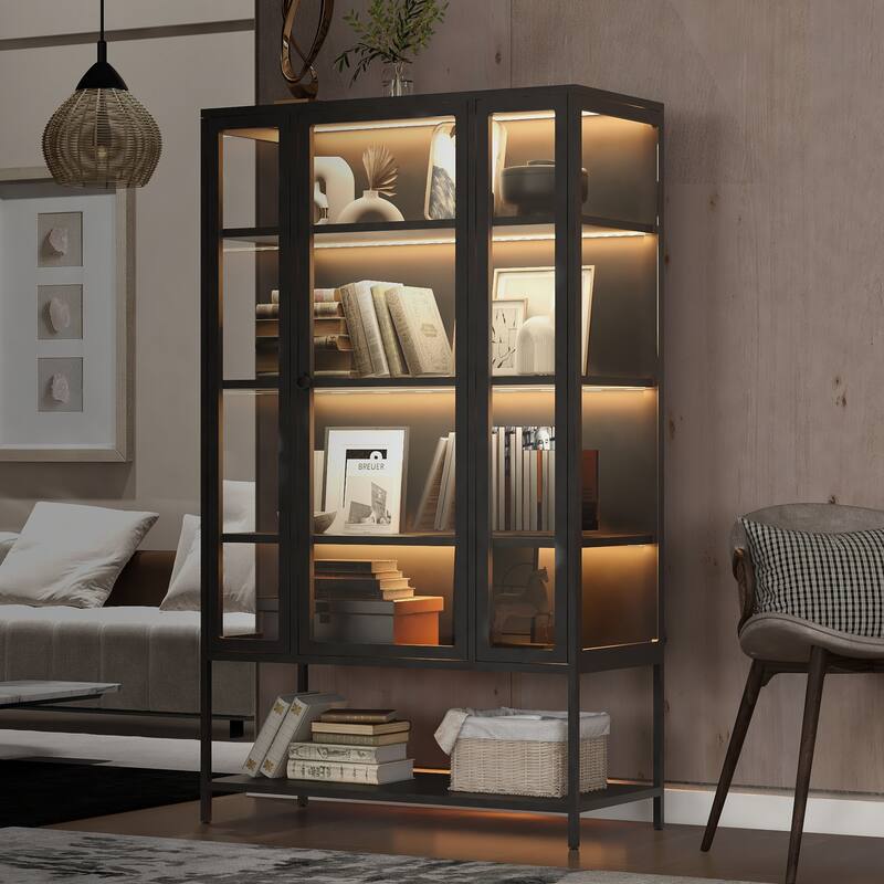67.25" Iron Display Cabinet with Glass Door & LED Lights, 3-Sided Curio for Collectibles & Office