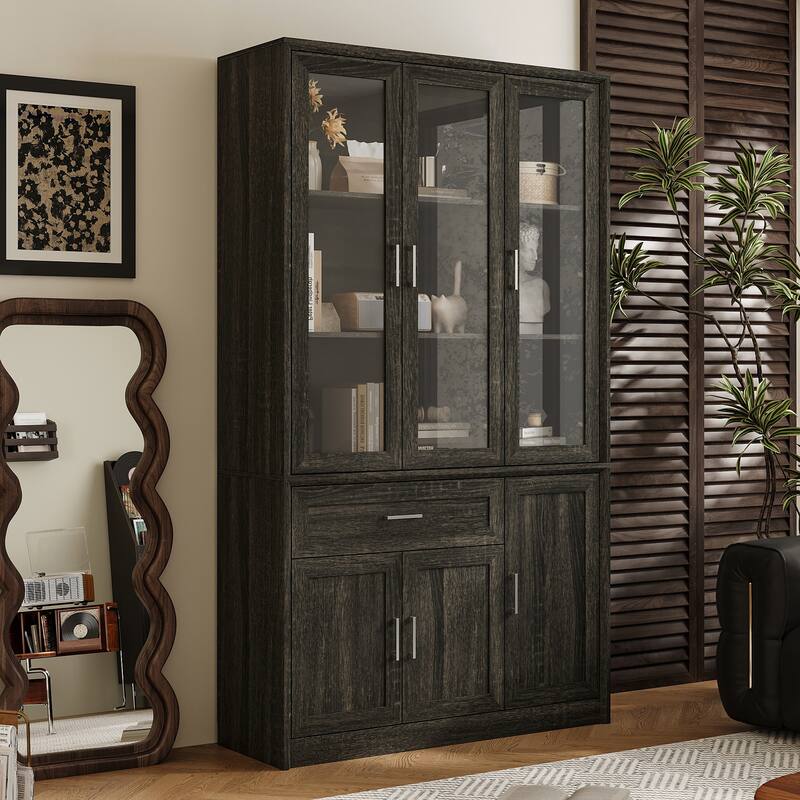 Modular Glass Door Bookcase Wall Unit with Storage Cabinets and Drawers, Dark Oak Display Hutch for Living Room or Home Office