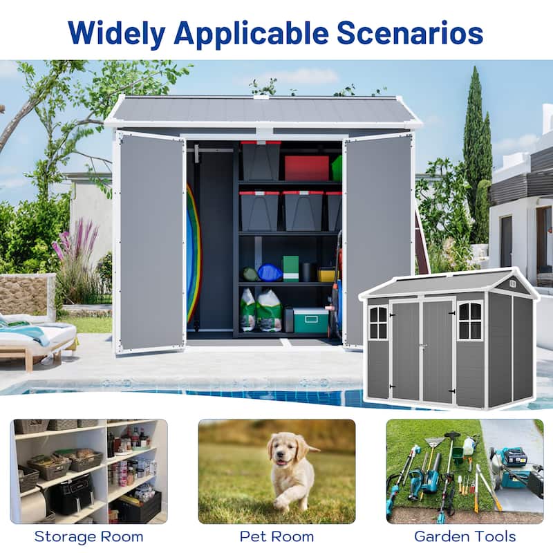 GDFStudio - Large Plastic Utility Shed with Floor & Lockable Doors for Easy Access, Storage for Garden Tools & Trash Bins