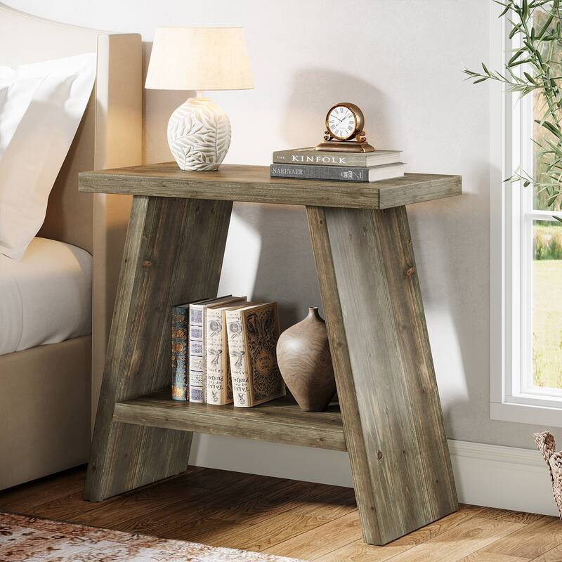 Solid Wood Farmhouse Side Table with 2-tier Storage Shelf