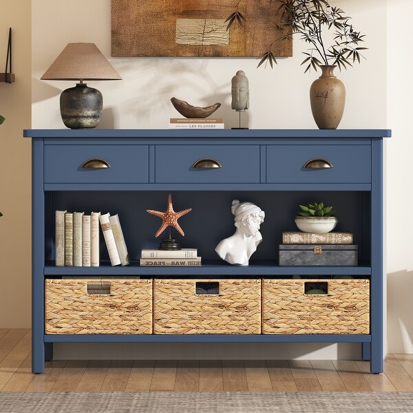 Navy Console Table Entryway Table with 3 Drawers, Open Storage
