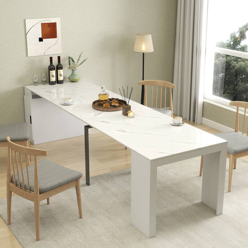 Modern Multifunctional Extendable Dining Table With Outlet,Space Saving Expanding Table With Storage - White
