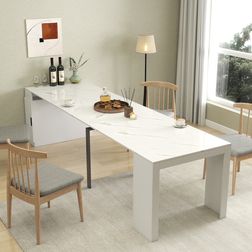 Modern Multifunctional Extendable Dining Table With Outlet,Space Saving Expanding Table With Storage