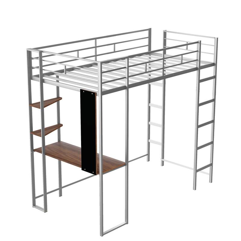 Silver Twin Size Metal Loft Bed with Ladder, Fence, 2 Shelves and Desk for Bedroom