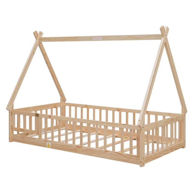 Twin Tent-shaped Floor Bed with Guardrails
