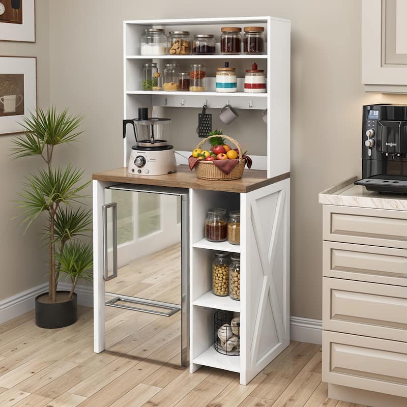 6 Tiers Mini Fridge Station Kitchen Bakers Rack Microwave Stand with Power Outlets and Hooks - white