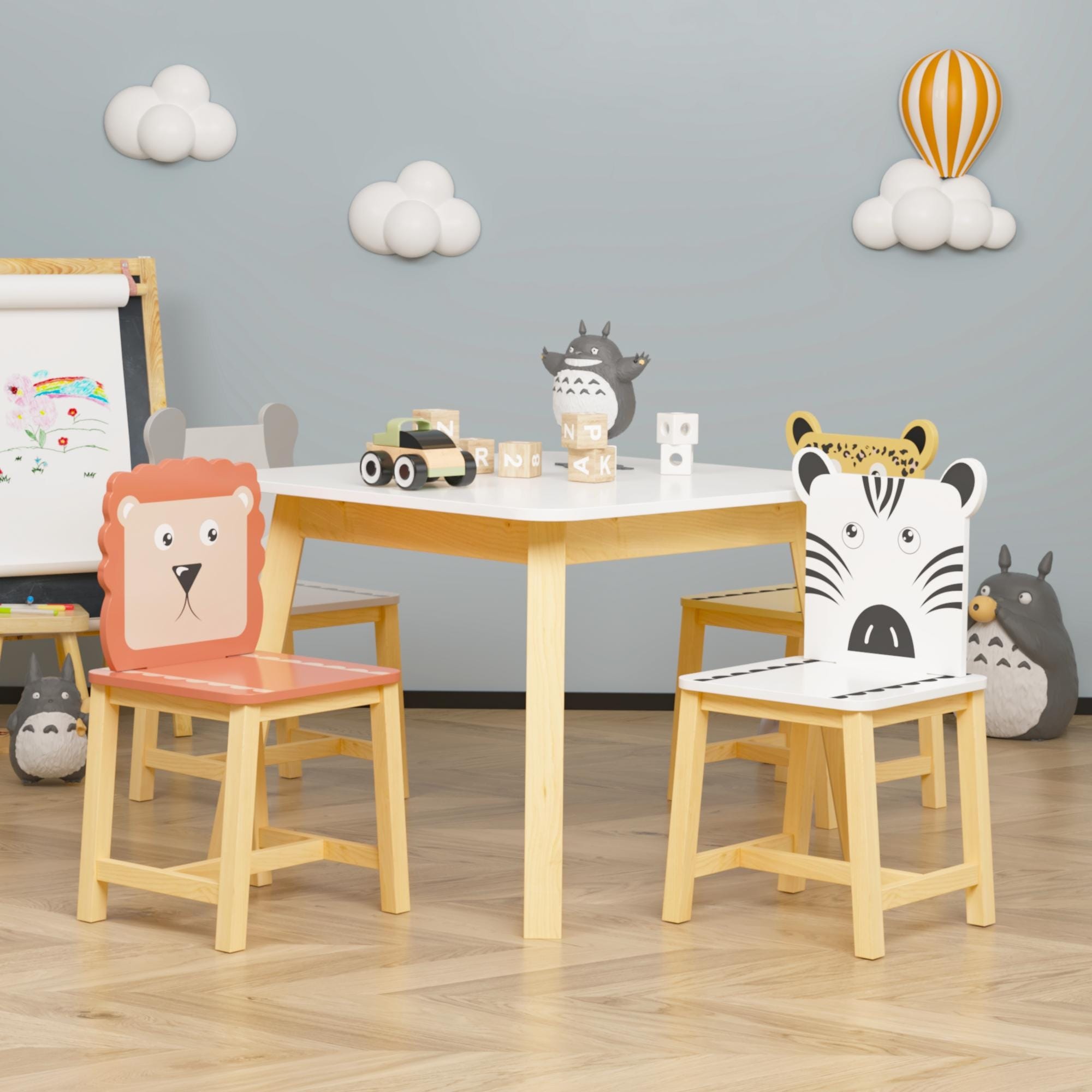 5 Piece Kiddy Table and Chair Set Kids Wood Table with 4 Chairs Set Cartoon Animals bigger table 3 8 years old White