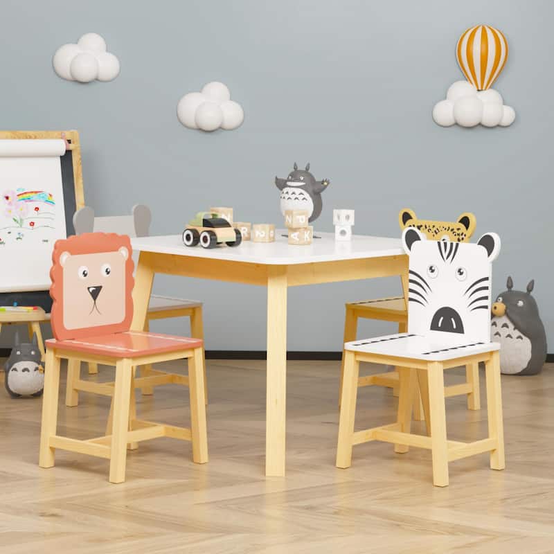 Anmytek 5-Piece Kids Table and Chair Set with Animal Themed Chairs, Solid Wood Children's Furniture for Playroom