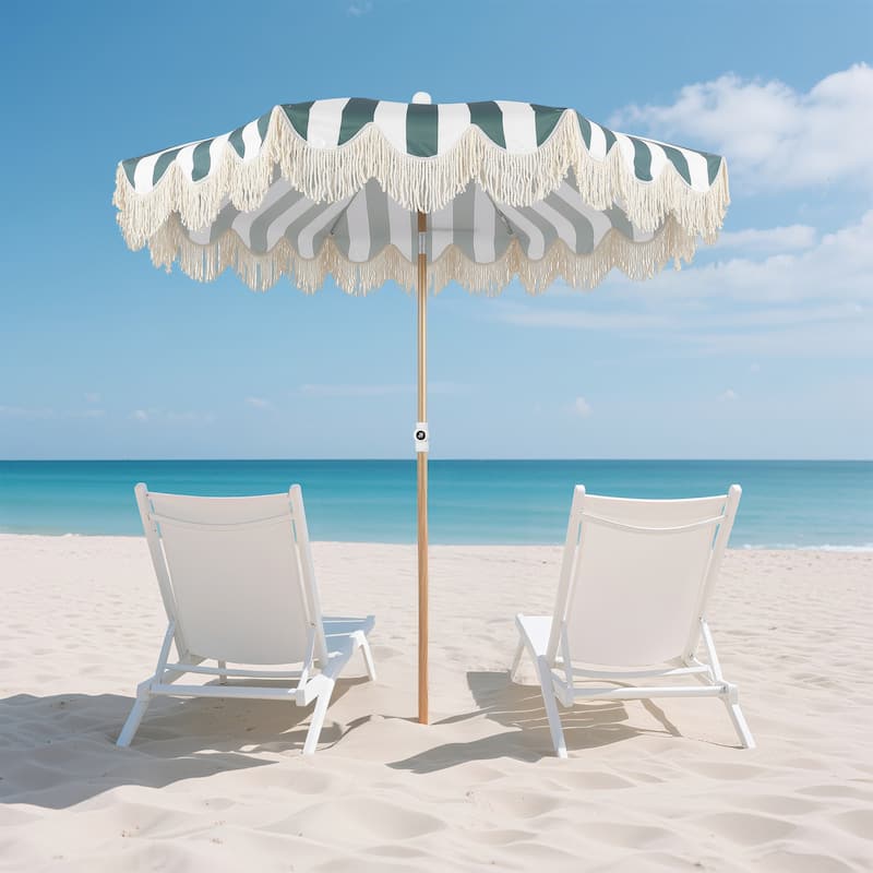 Mariner 6.5ft Classic Fringe Umbrella w/ Tilt & Bag - Green/White, Light Brown Pole