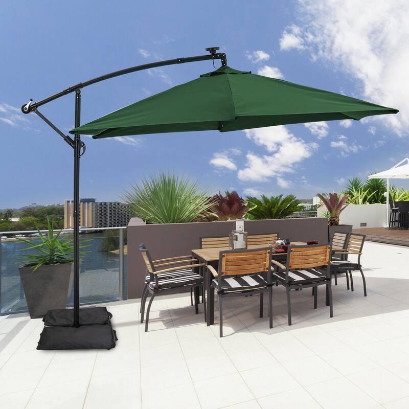 Autlaycil 10ft Offset Hanging Market Patio Umbrella With Base&Solar Lights