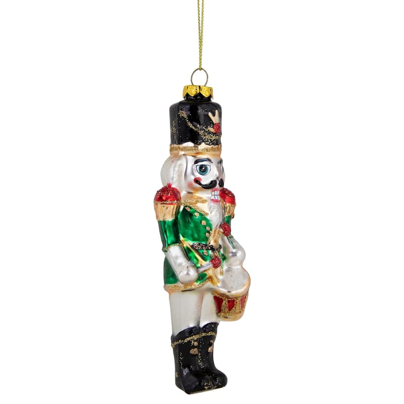 5.25-Inch Green Red Gold Nutcracker With Drum Glass Christmas Ornament