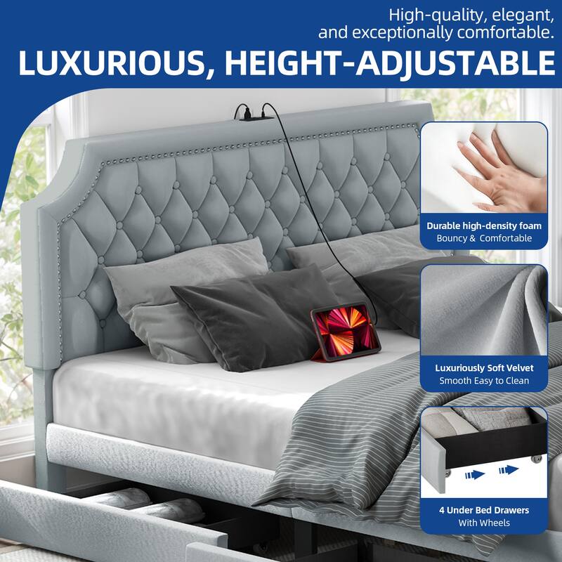 Moasis Velvet/Linen Upholstered Bedframe with Adjustable Headboard and 4 Storage Drawers