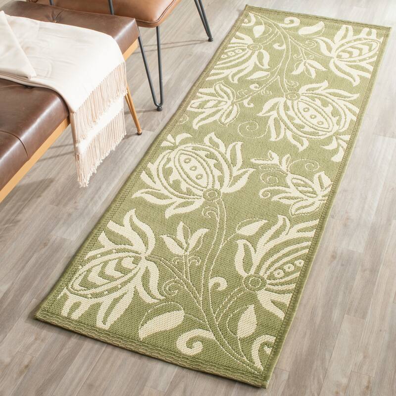 SAFAVIEH Courtyard Leatrice Indoor/ Outdoor Patio Backyard Rug - 2'3" x 12' Runner - Olive/Natural
