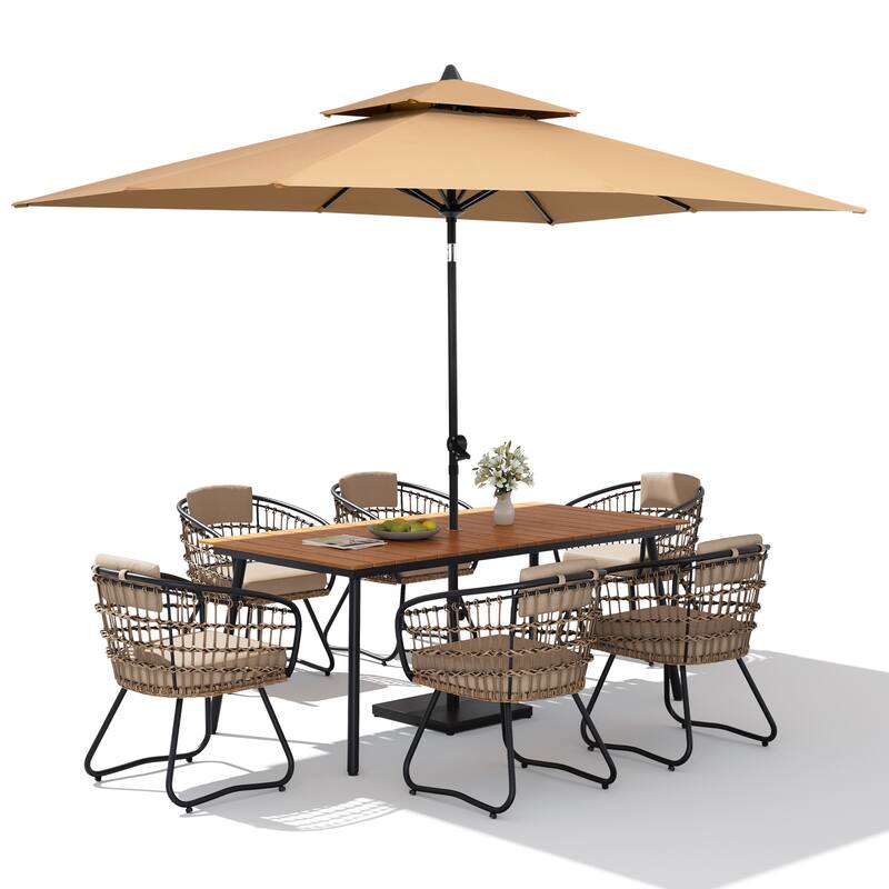 9PC Outdoor Patio Dining Set Wood-Like Aluminum Umbrella Hole Table with Rattan Chairs,Double Top Market Umbrella and Base