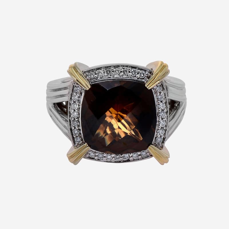 Charles Krypell Sterling Silver and 14K Yellow Gold, Cognac Quartz and White Diamond Statement Ring Sz. 7.25