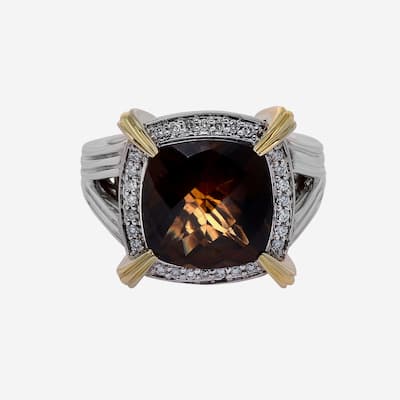 Charles Krypell Sterling Silver and 14K Yellow Gold, Cognac Quartz and White Diamond Statement Ring Sz. 7.25