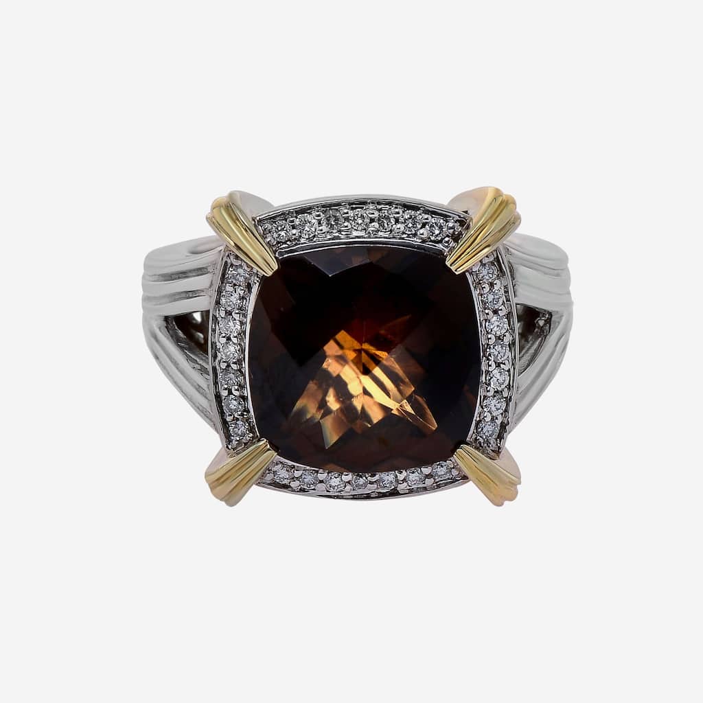 Charles Krypell Sterling Silver and 14K Yellow Gold, Cognac Quartz and White Diamond Statement Ring Sz. 7.25