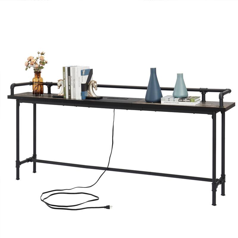 Mid Century Console Table with Power Outlet, Narrow Sofa Table, Sofa Couch Table with Charging Station USB Port