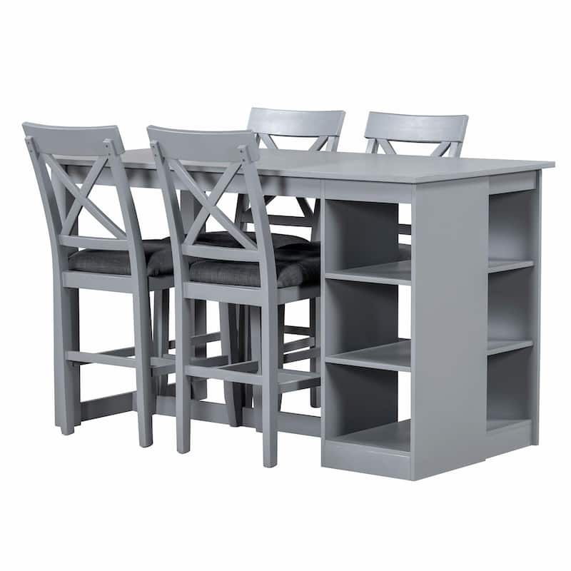 60"L x 30"W Solid Wood Farmhouse Counter Height Dining Table Set with 3-Tier Storage Shelves