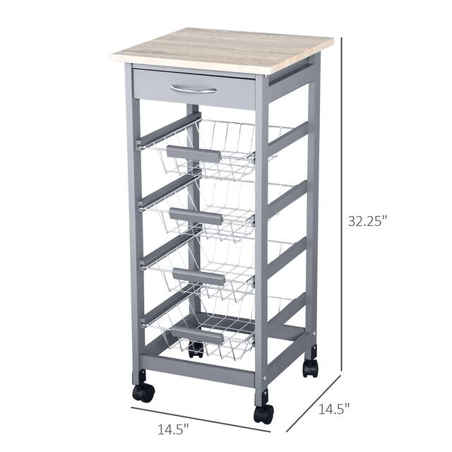 HOMCOM 32.25" Wooden Rolling Kitchen Storage Cart on 360-deg Swivel Wheels with Ample Storage Space & Solid Structure