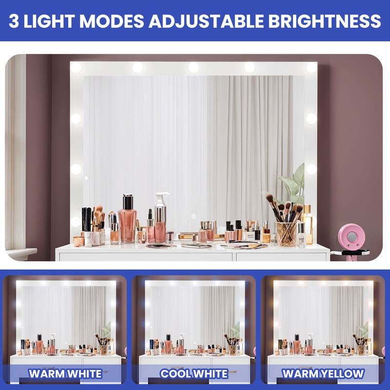 Moasis 35.4" Mirror Makeup Vanity Table with Stool and Light Bulb - 35.4''L x 15.7''W x 53.5''H