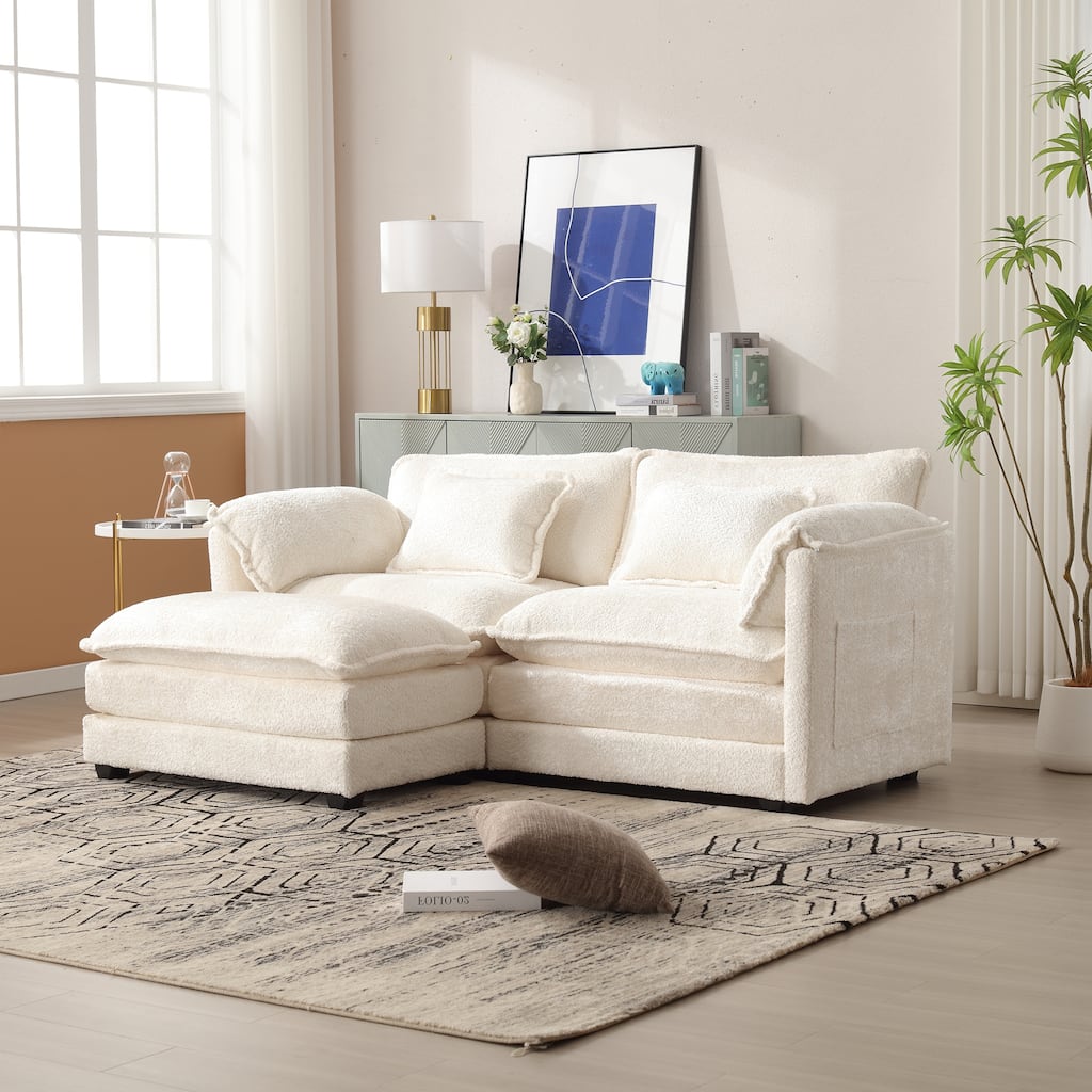 Chenille Double Sofa with Footstool, Removable Arms