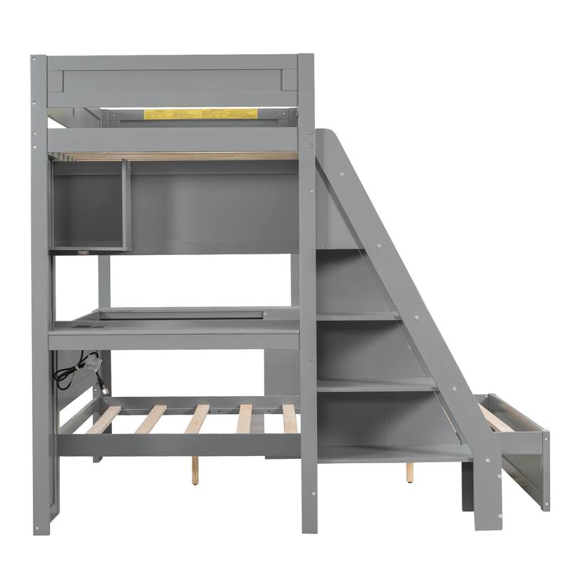 Roomfitters Twin XL Over Full Bunk Bed with Built-In Desk, USB Port and Shelves