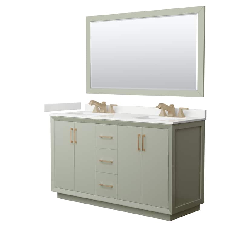 Strada 60-inch Double Vanity, Quartz Top, 58-inch Mirror - Light Green, Bronze Trim, White Quartz Top