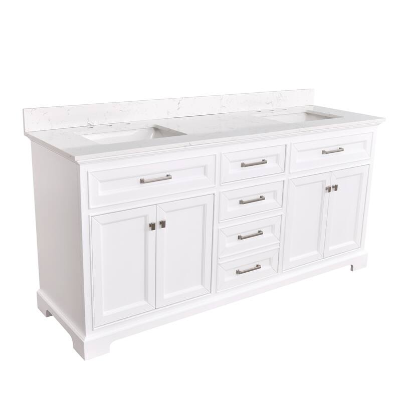 Prismarble Bathroom Vanity 72 in White with Marble Top & Backsplash, Double Sinks