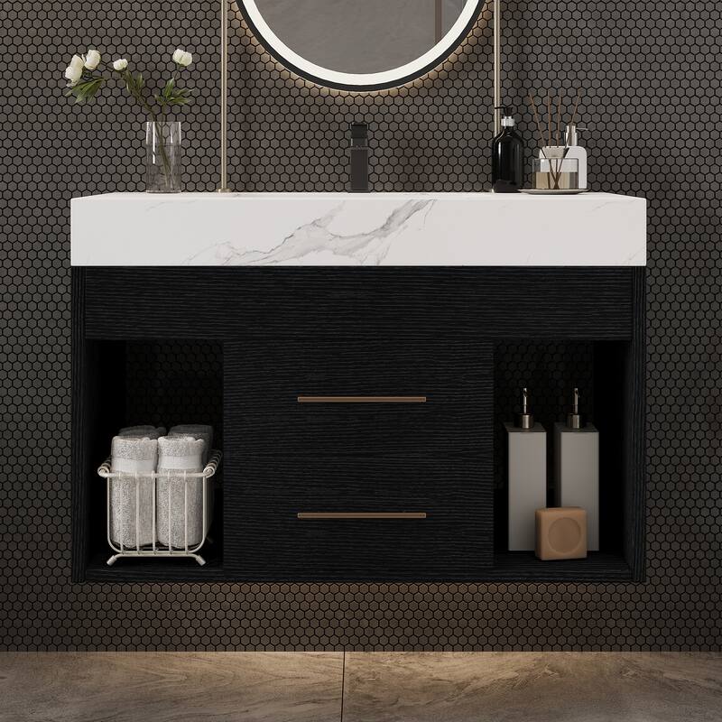 GDFStudio - Modern 29.9" Floating Bathroom Vanity with Sintered Stone Top, Ceramic Sink & U-Shape Drawers - White Top - Black Cabinet