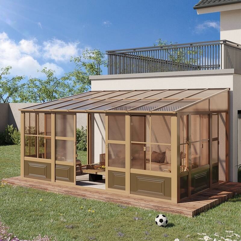 Outdoor Solarium Sunroom,Patio Hardtop Gazebo,All-Season Aluminum Patio Gazebo with with Sliding Doors and Screens - 10'x16' - Brown