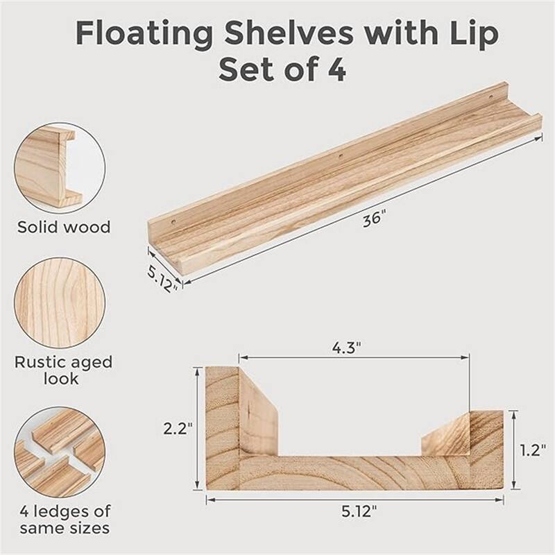 Wooden Picture Shelves for Wall with Ledge - 5.12"D x 36"W x 2.17"H