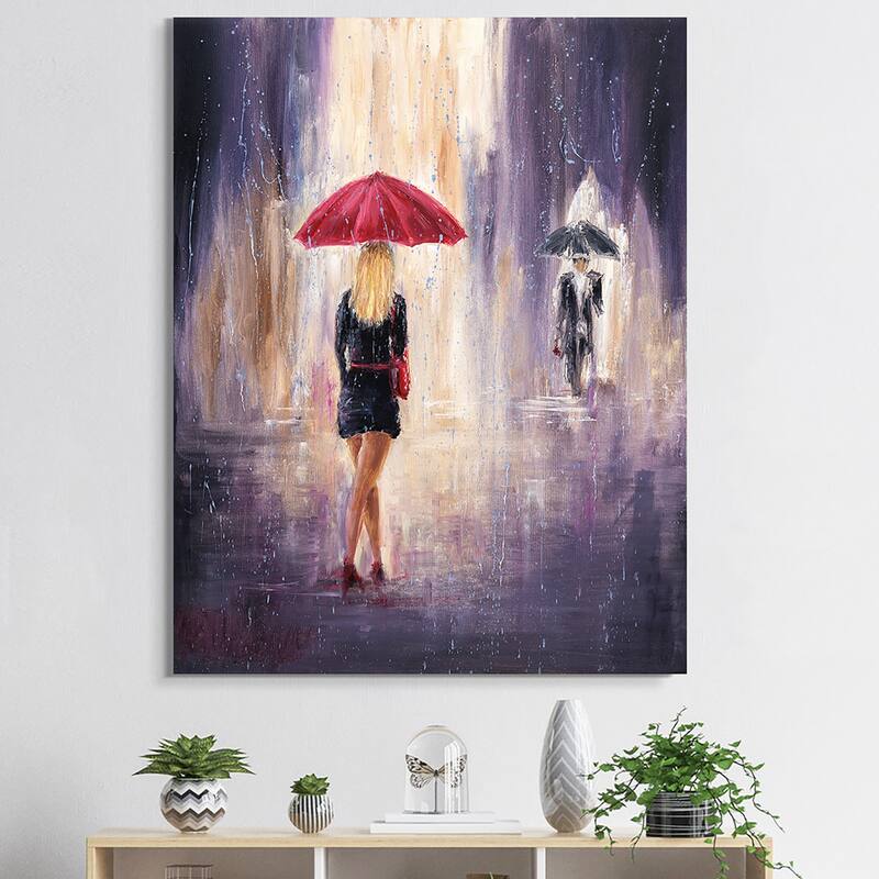 Designart "Lady With Red Umbrella Walking In The Rain" Traditional Canvas Wall Art Print