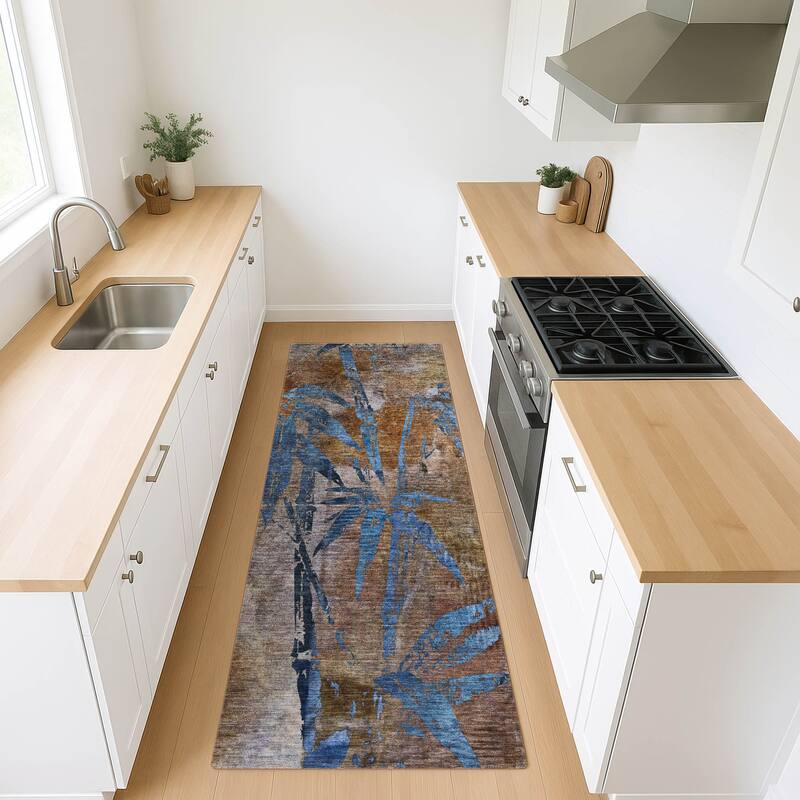 Machine Washable Indoor/ Outdoor Modern Floral Chantille Rug