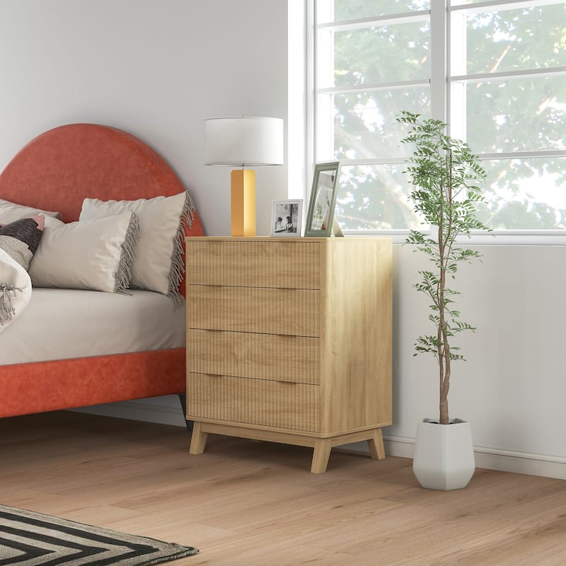 HOMCOM Fluted Dresser for Bedroom with 4 Drawers, 28" Wide Chest of Drawers with Gold Finger Pulls and 4 Wood Legs, Natural Wood