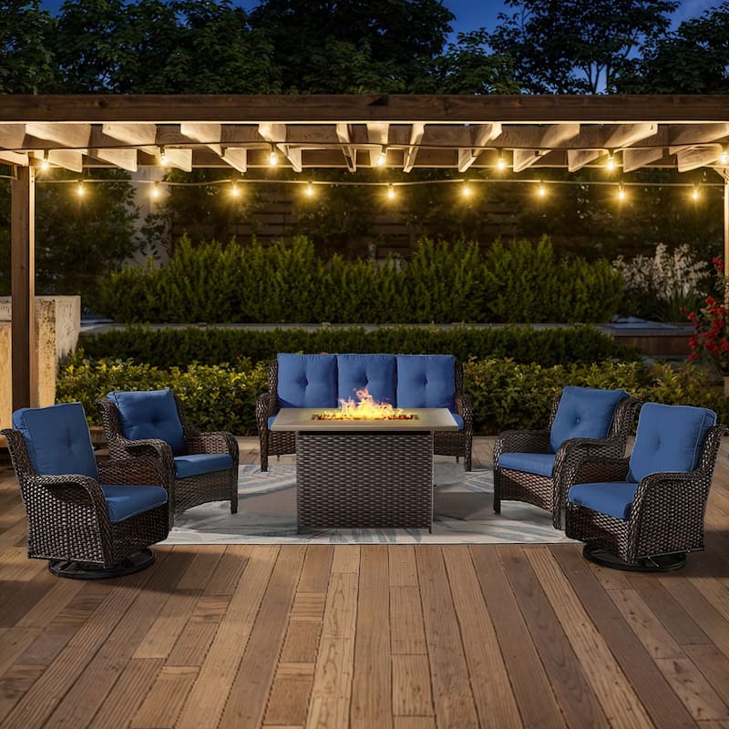 Gymojoy 6-Piece Outdoor Wicker Patio Furniture with Fire Pit, Rattan Coversation Set with Water Resistant Thick Cushions - Brown Wicker / Blue Cusion - 6-Piece