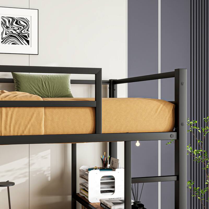 Twin size Metal Loft Bed with L-Shaped Desk, Charging Station, LED Lights, Safety Guardrails and Shelves