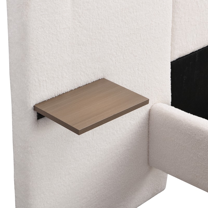 Linen Upholstered Frame Wingback Bed Built-in Lights and Shelves