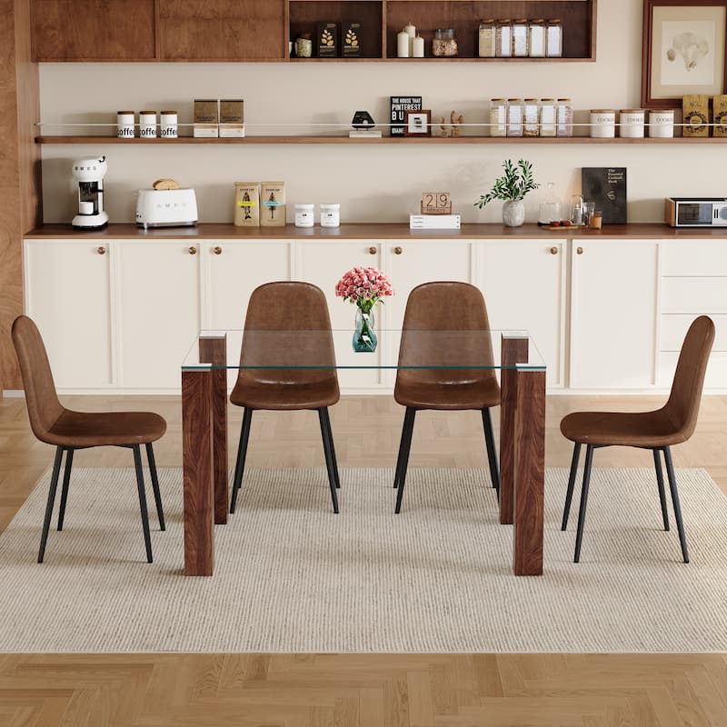 5-Piece Glass Dining Table Set for 4, Modern 49.6" Rectangular Kitchen Table Set with 4 Fabric Brown Chairs for Dining Room