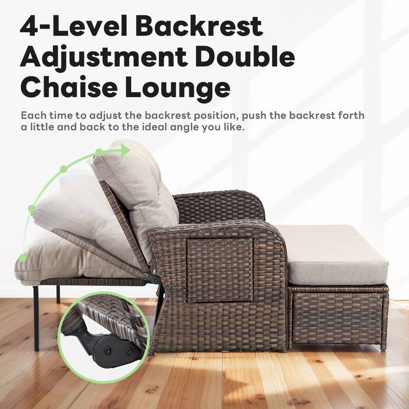 Outdoor Wicker Loveseat Lounge Chair with Ottoman - Brown