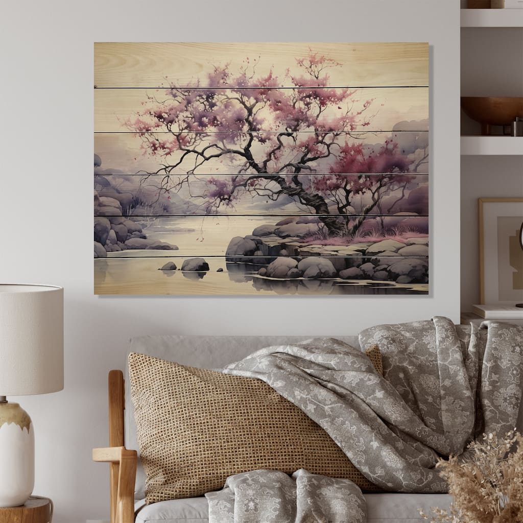 Designart "Purple Tree Dusk Symphony Landscape II" Landscape Trees Print on Natural Pine Wood