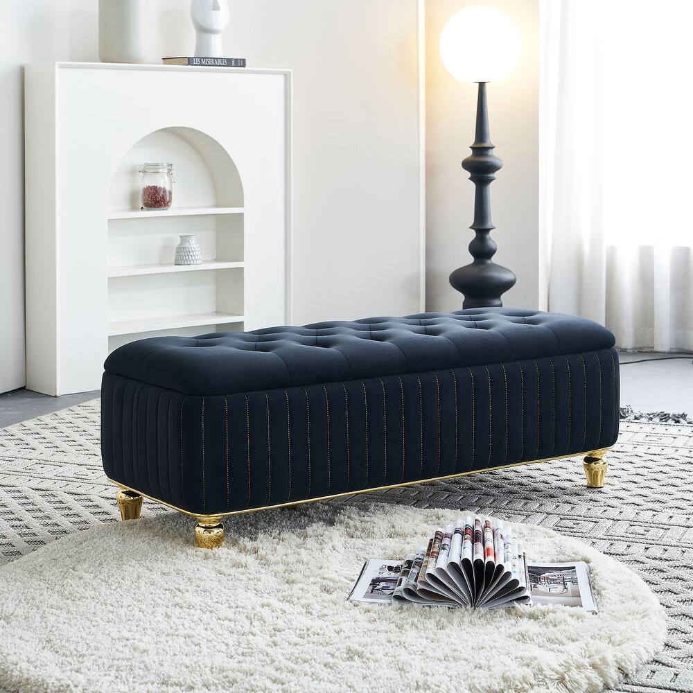 Velvet Fabric Storage Ottoman, Upholstered Button Tufted Storage Bench, End of Bed Bench with Safety Hinge & Metal Legs