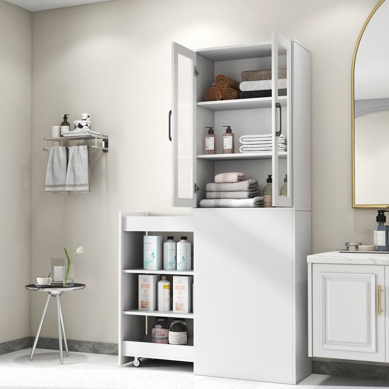 Roomfitters 70.87" Display Storage Cabinet with 2 Glass Doors and 4-Tier Pull-Out Shelves, Modern Wooden Kitchen Pantry Cabinet - White