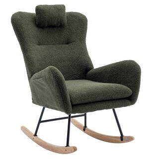 Modern Living Room Teddy Fabric Rocking Chair with Pocket and Headrest, Dark Green