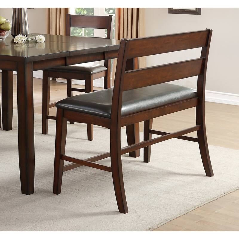 Transitional Style Cherry Finish Wooden Counter Height Bench with Backrest Faux leather