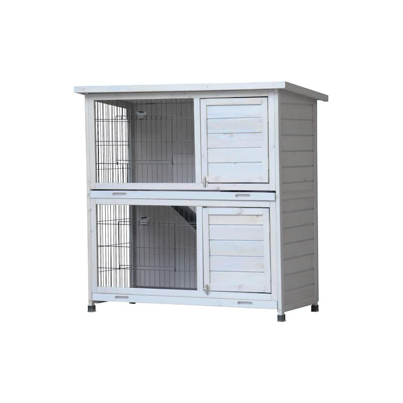 Rabbit Hutch,2-Story Rabbit Bunny Cage Indoor with Run,,2 Removable No-Leak Trays,Pet Cages,Non-Slip Ramp,Waterproof Roof,Fence