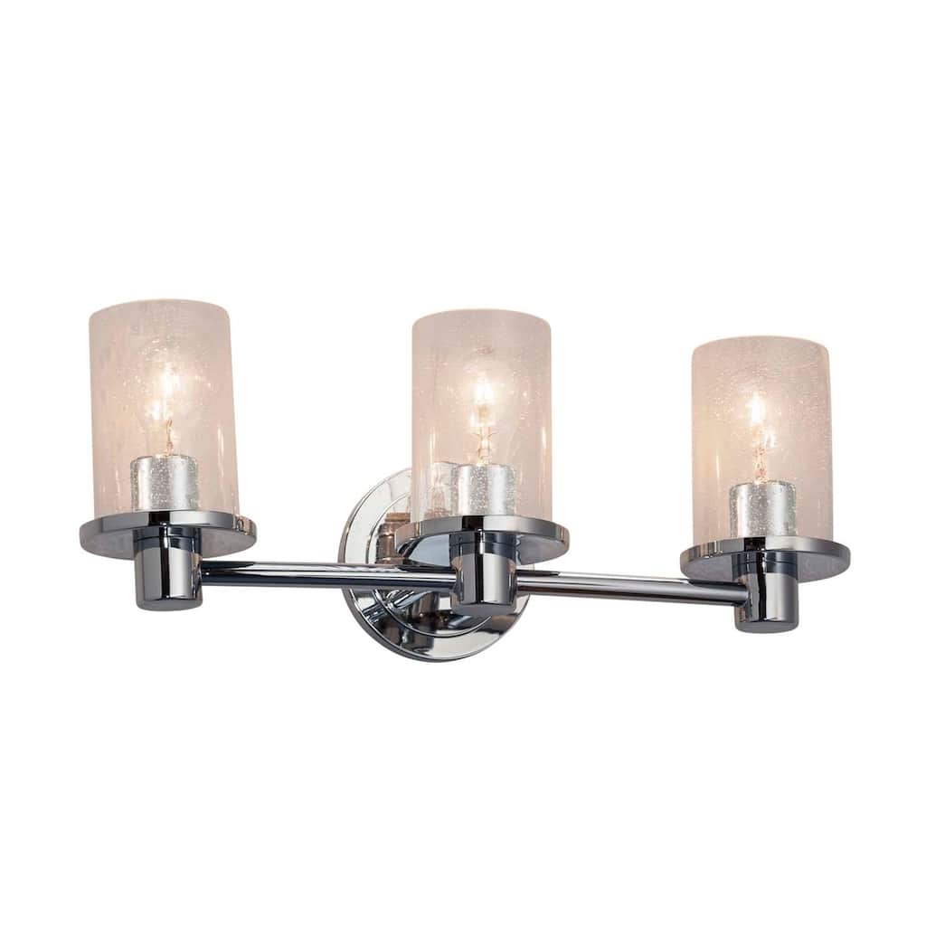 Justice Design Fusion Rondo 3-light Polished Chrome Bath Bar, Seeded Cylinder w/ Flat Rim Shade - Polished Chrome