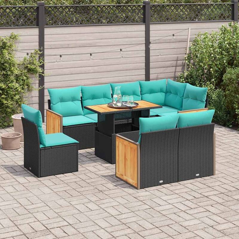 vidaXL Patio Sofa Set with Cushions Outdoor Furniture 9 Piece Poly Rattan - Black-with storage - 24.4 x 24.4 x 27.2