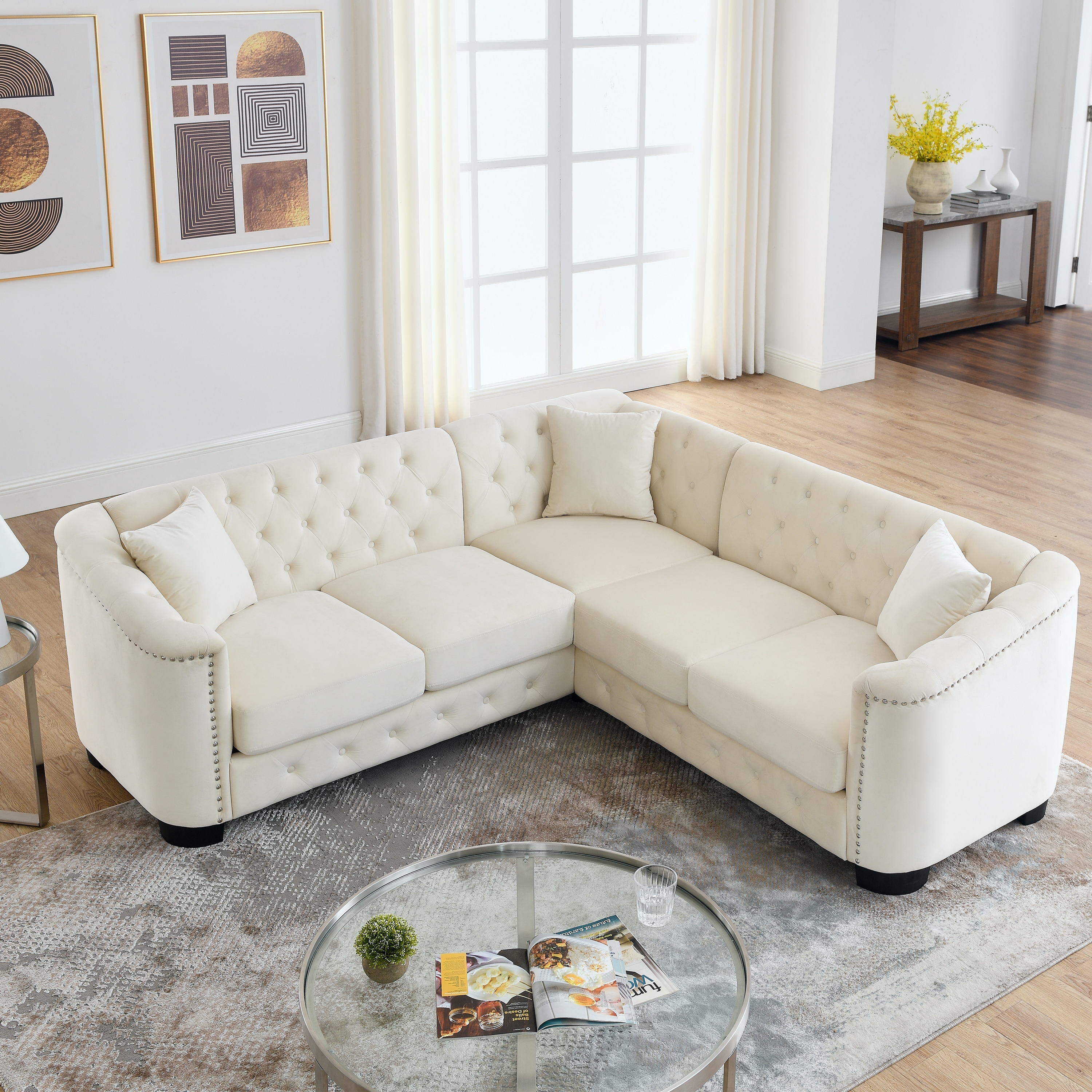 Beige Velvet Sectional Sofa Set 5 Seat Corner Sofa L shape Sectional with Chaise Lounge Couch w Accent Nail Head Sofa Pillows